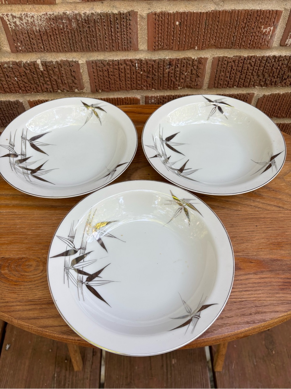 Kutani Vintage Gray Silver Bamboo Platinum Trim Dessert Soup bowl Japan 3 pc